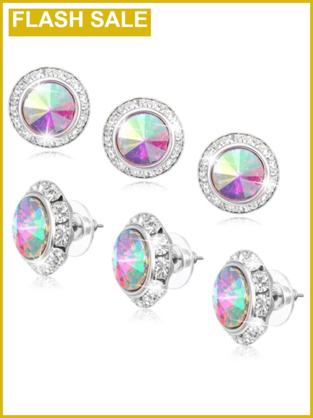 3 Pairs Rhinestone Stud Earrings Round Acrylic Crystal Halo Jewelry Set Gift
